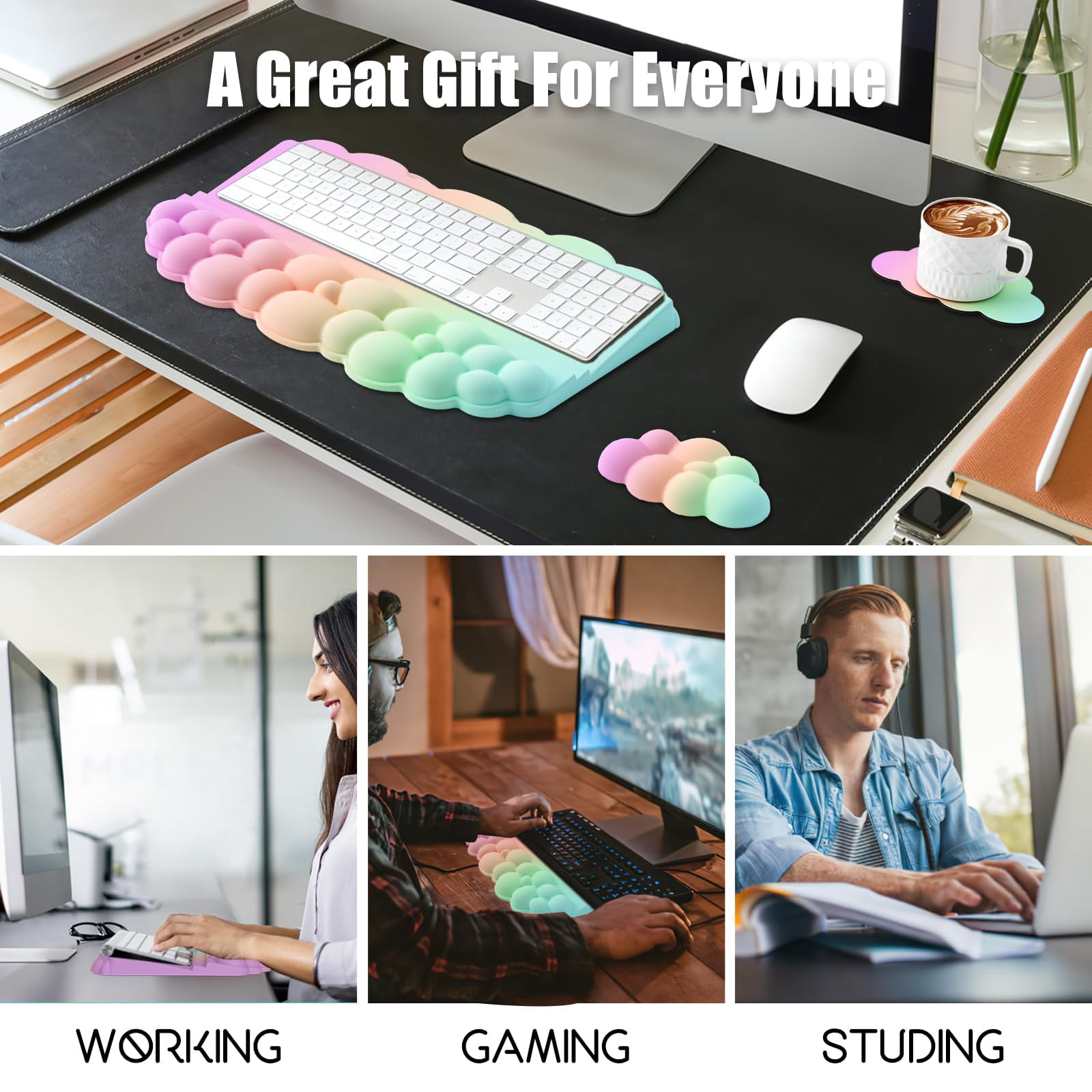 Wrist Rest For  Soft Memory Foam Cloud Stand Pad With Set Non-slip Silicone Base Easy Typing Comfort Computer Laptop - Rainbow