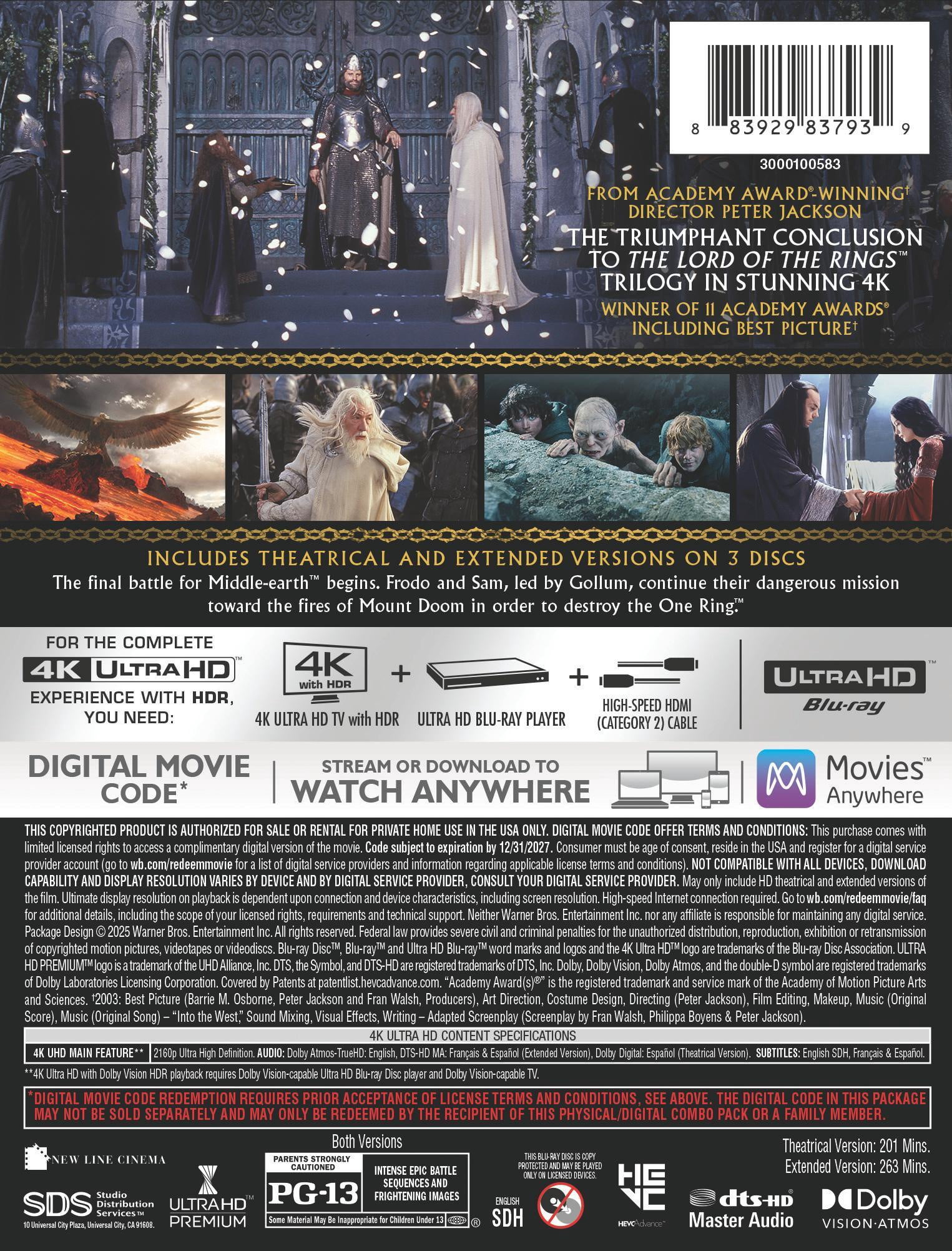 The Lord of the Rings: The Return of the King (Extended & Theatrical) (Steelbook) (4K Ultra HD + Digital Copy), Action, New Line Cinema
