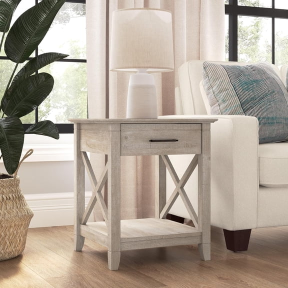 End Table with Drawer, Nightstand with Storage, Living Room and Bedroom Furniture, Key West Collection, Washed Gray