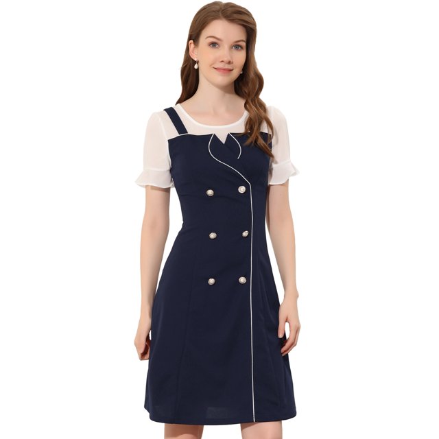 Unique Bargains Robe d'Été en Chiffon à Manches Courtes avec Boutons Décoratifs pour Femmes Bleu Foncé TG