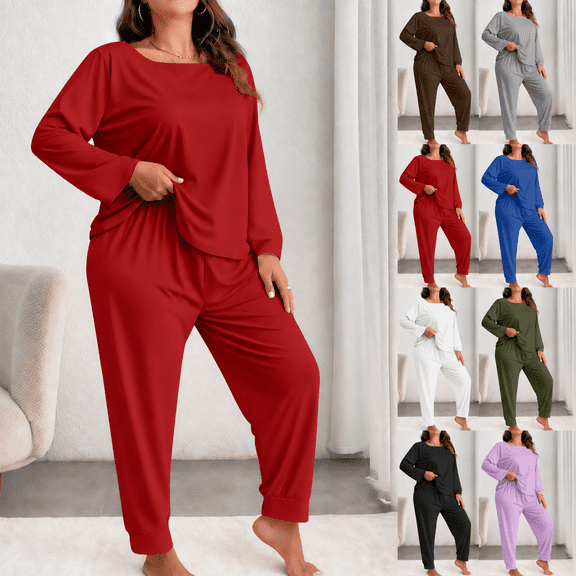 qelini Plus Size Womens 2 Piece Pajama Sets Long Sleeve Crew Neck Top and Jogger Pants Pjs Set Soft Cozy Sleepwear