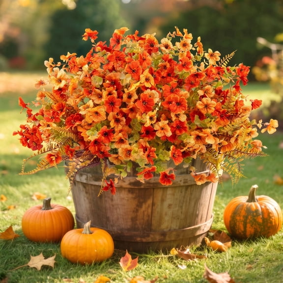 Scidweet Fake Fall Flowers Outdoors, 18 Bundles Autumn Artificial Flowers Faux Silk Plastic Plants Fall Decorations for Home Outside Yard Garden Porch Patio Harvest Decor, Multicolor