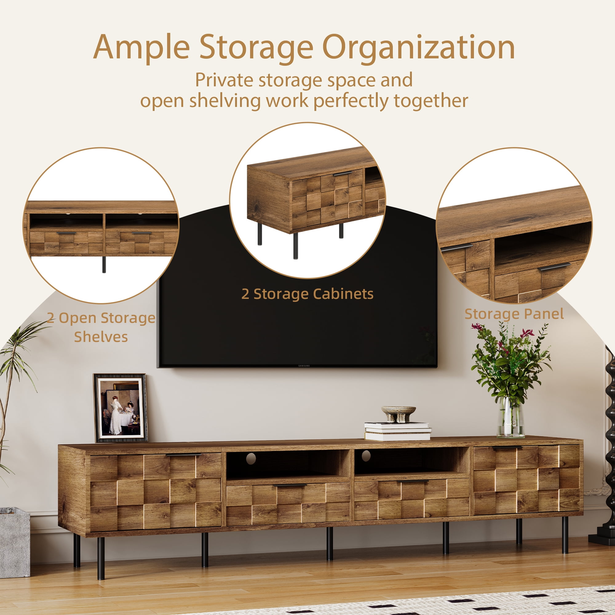 Aukfa 78.7" Mid-Century Modern TV Stand for TVs up to 85", Wood Media Console Entertainment Center,Checkered Design,Natural