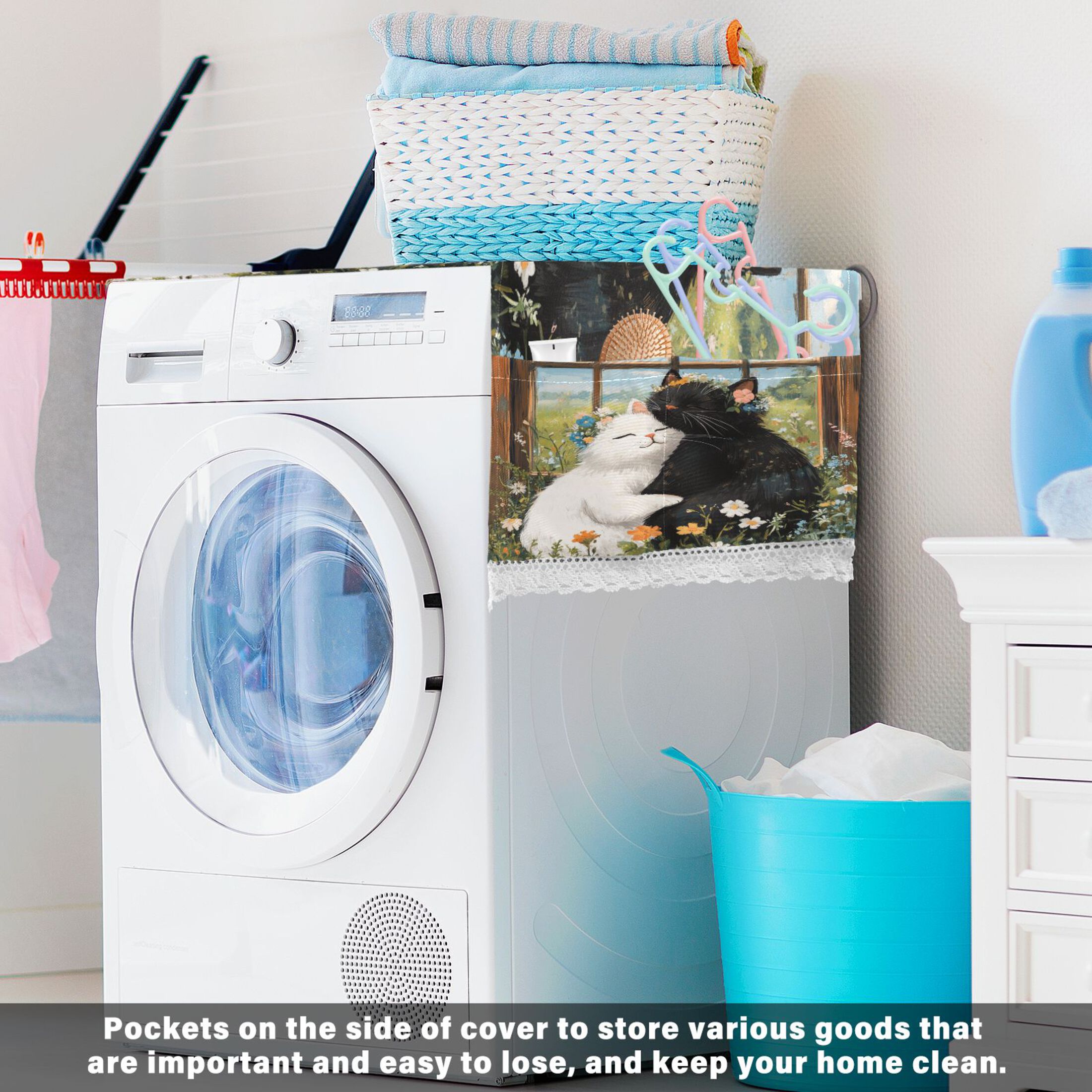A Collage Of Two CatsWasher and Dryer Covers Dust-Proof and Oil Resistant Fridge Cover with 4 Storage Pockets Washing Machine Top Cover for Laundry Kitchen Home 51.2 x 22 In