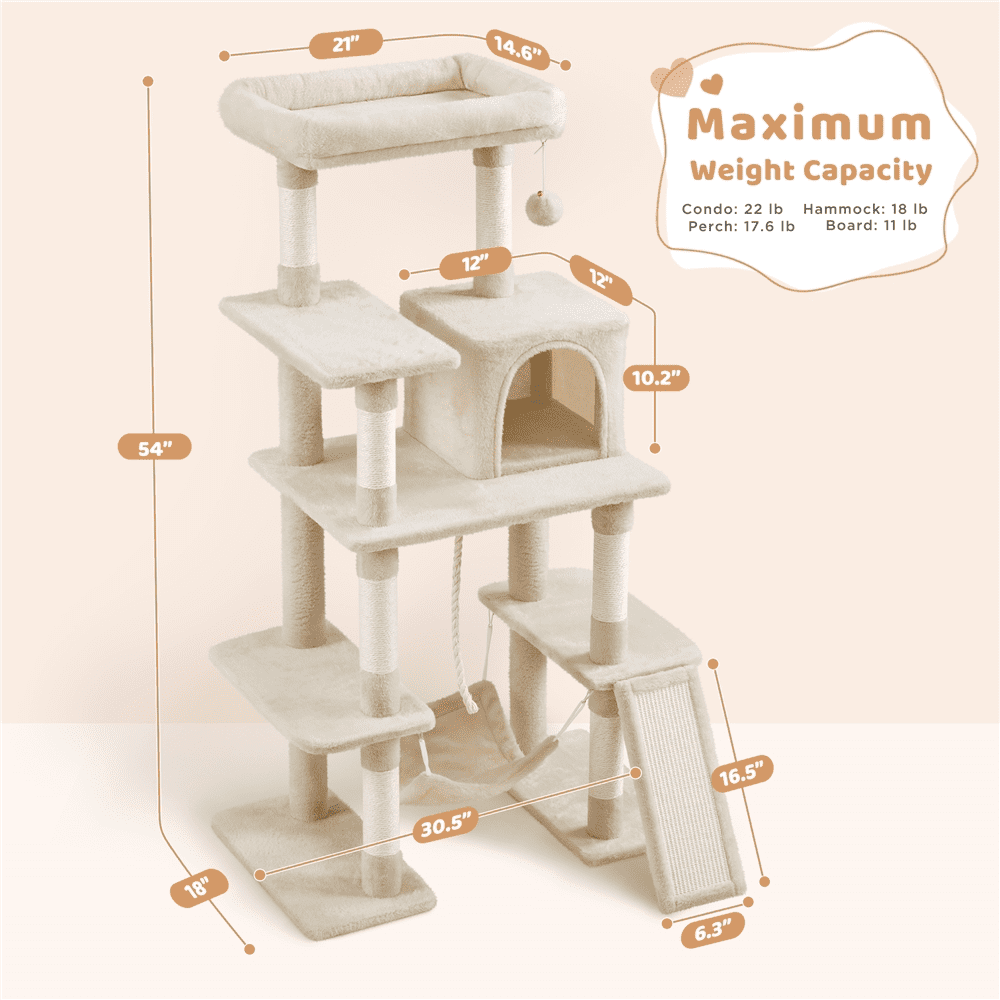 Renwick 54" Tall Multilevel Cat Tree with Hammock Scratching Posts, Beige