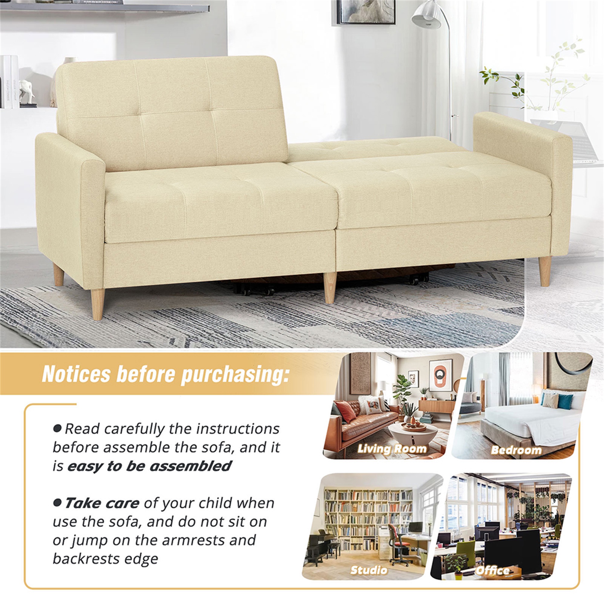 Kadyn Loveseat Sofa Bed, Mordern Convertible Sofa with Adjustable Backrest and Wooden Legs, 2-Seat Couch for Bedroom, Beige