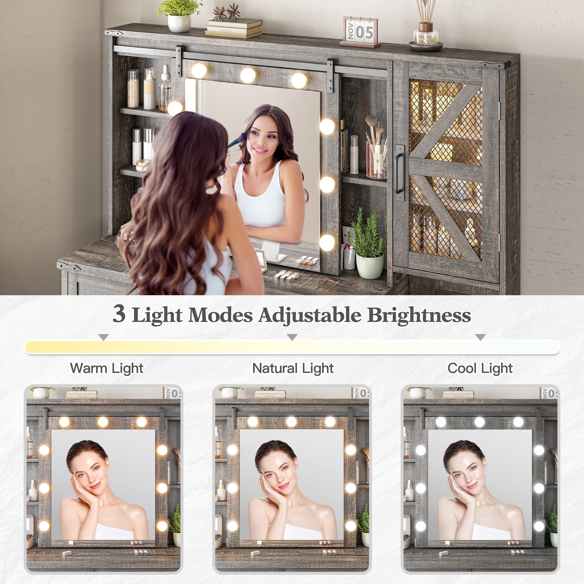 Vanity Set with Mirror and Lights Vanity Desk with 4 Wooden Drawers & 3-Tier Storage Shelf & Charge Station Farmhouse Vanity Dressing Table for Girl, Stool Not Included, Dark Rustic Oak
