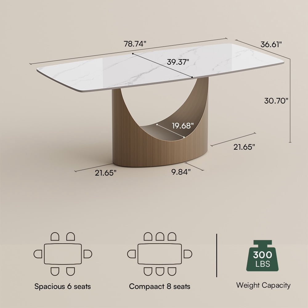 POVISON 79" Modern Dining Table for 6-8, Rectangular White Glossy Sintered Stone Dining Table with Bronze Carbon Steel Legs