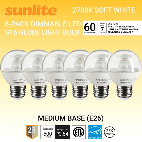 Sunlite LED G16 Globe Light Bulb, 7 Watts (60W Equivalent), Medium E26 Base, Dimmable, Clear, UL Listed, 2700K Warm White, 6-Pack