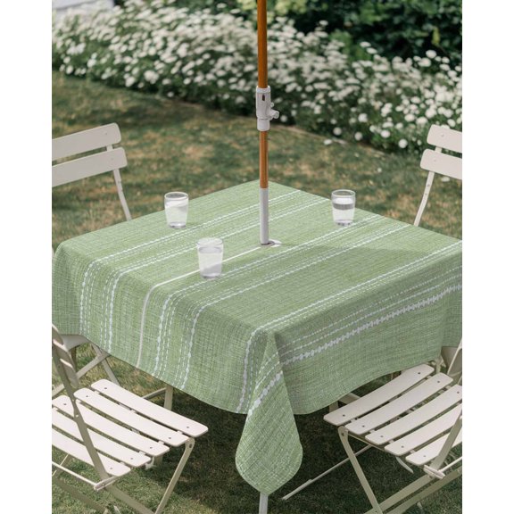 Outdoor Tablecloth with Umbrella Hole, Olive Green and White Striped Zippered Table Cloth for Rectangle Tables, Modern Minimalist Lines Washable Waterproof Tablecloths for Picnic Patio Garden