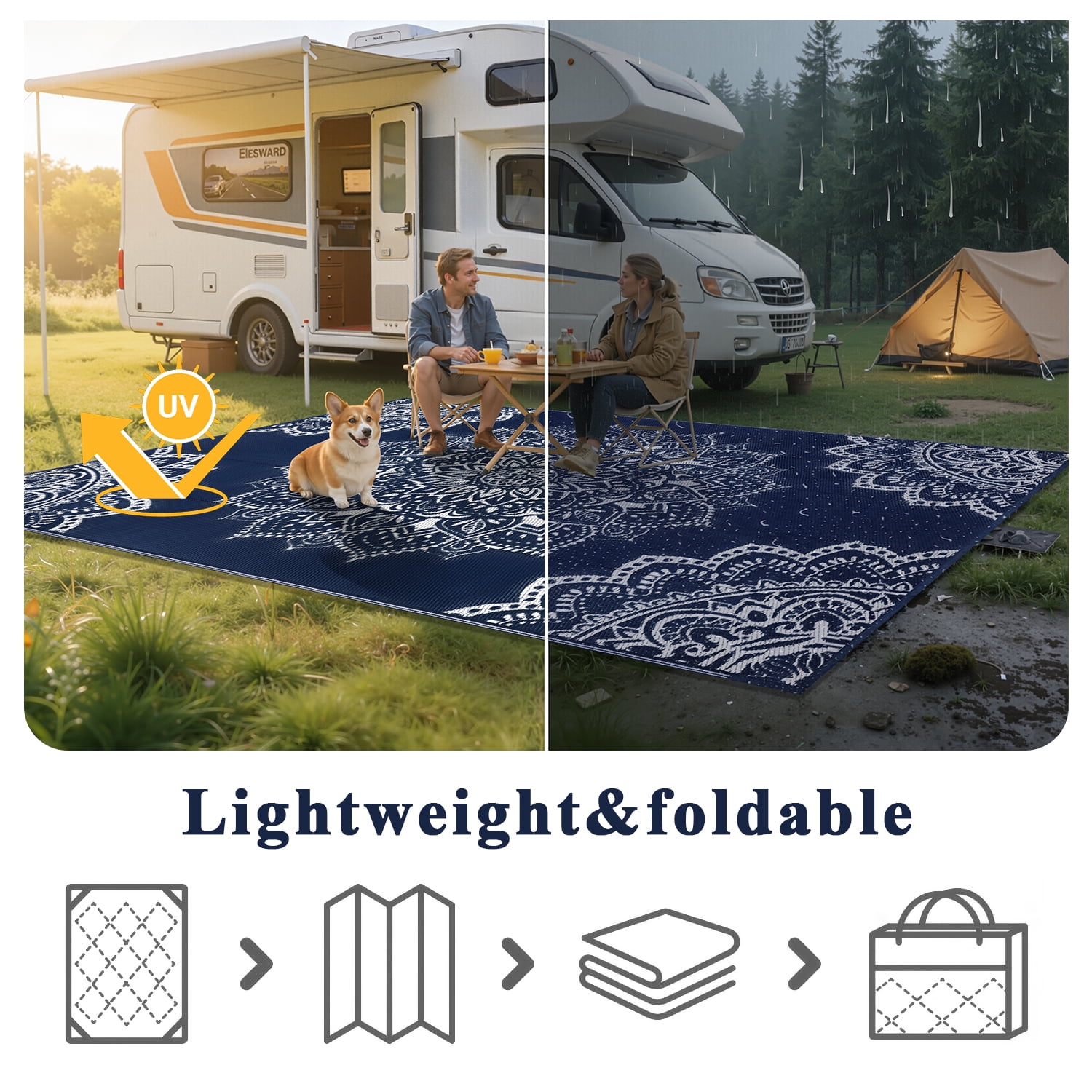 Findosom 6'x9' Outdoor Rug Large Patios Rug RV Outdoor Rug Waterproof Foldable Portable Camping Rugs Reversible Plastic Straw Rug Outdoor Area Rug for Camping, RV, Balcony, Patio, Picnic, Beach Blue