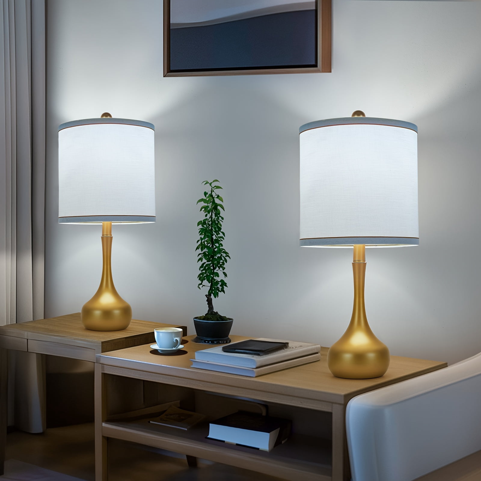 2-Pack 23 Inch Farmhouse Table Lamps, Golden Metal Frame with 3 Color Temperature Modes, Rustic Modern Bedside Nightstand Lighting for Bedroom Dorm Office Living Room Home Decor