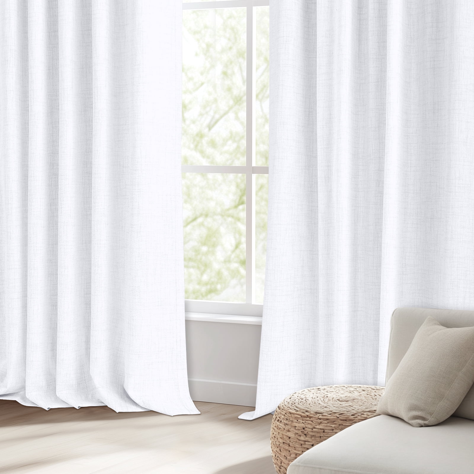 100% Blackout Curtains,50"Wx108"L Faux Linen Textured Back Tab/Rod Pocket Curtain,2 Panels Set,Thermal Insulated Curtains for Livingroom,Bright White