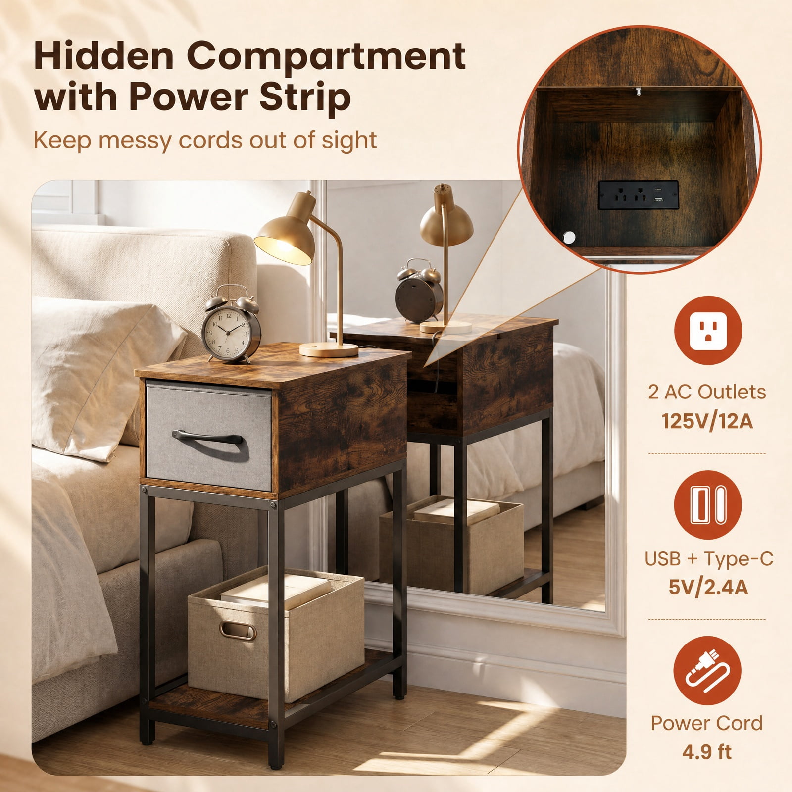 Furnibear Narrow Side Table with Charging Station LED Lights and Fabric Drawer Industrial End Table for Living Room Bedroom Sofa Side, Brown