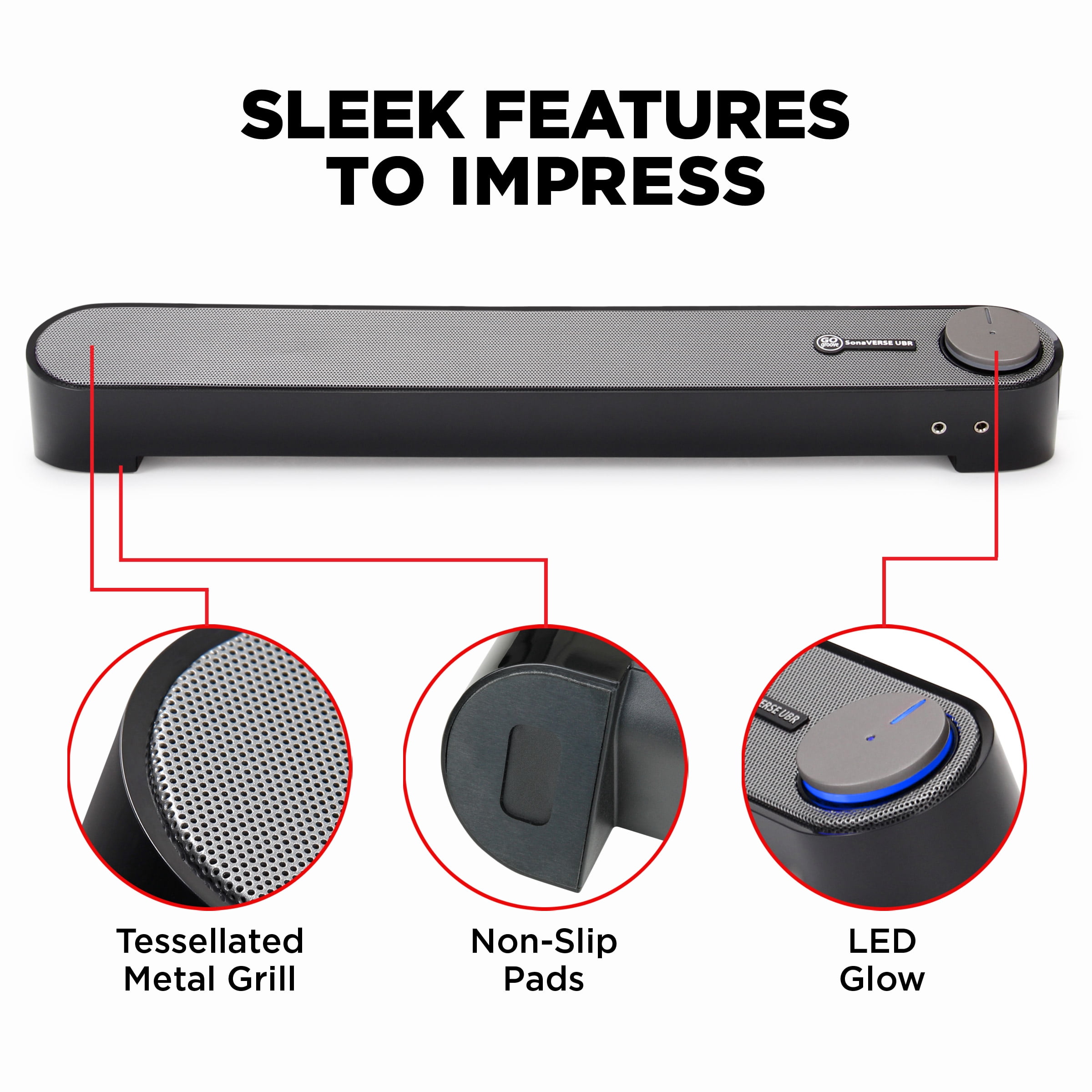 GOgroove UBR USB Computer Sound Bar Speaker with Angled Design and 3.5mm Headphone & Microphone Jack