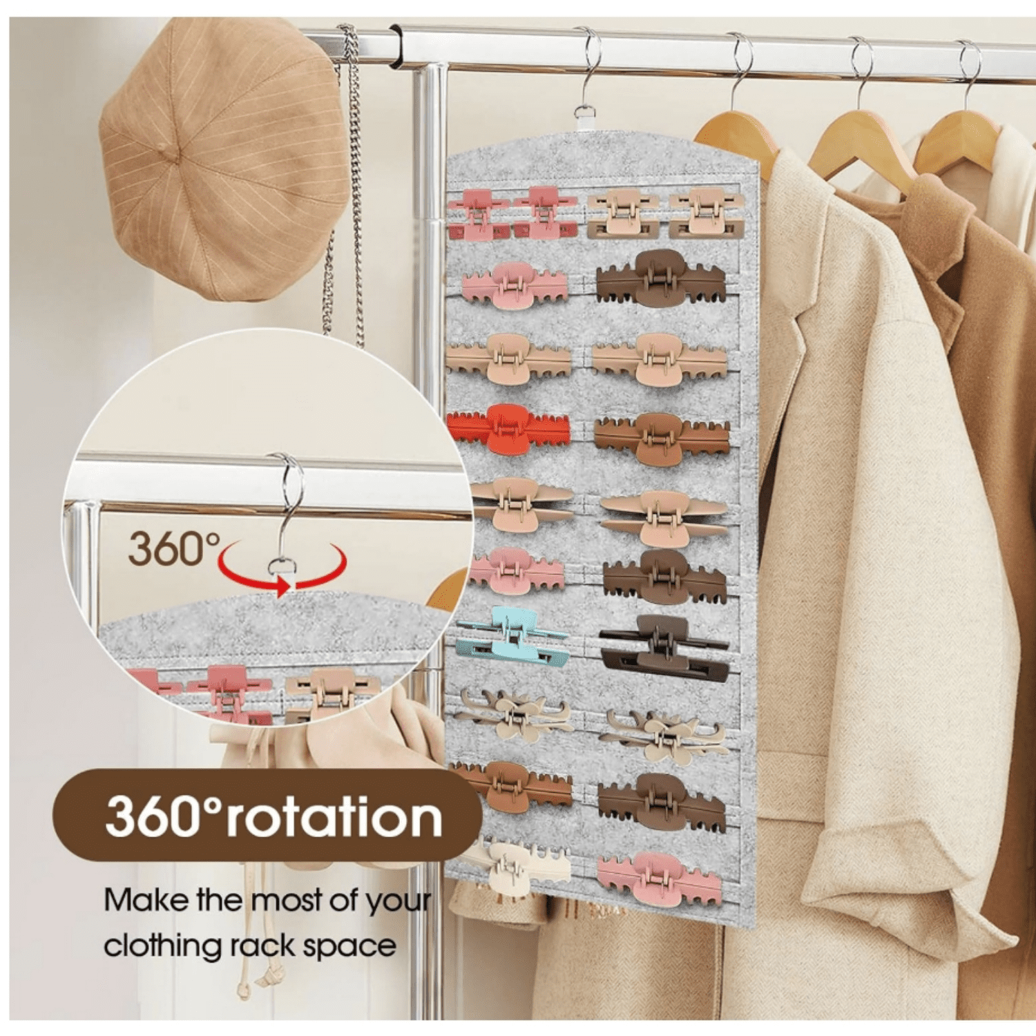 Double-Sided Hair Clip Organizer Storage for Girls Women, Hanging Claw Clip Holder Display for Closet, Wall, Door Room Jewelry Shop