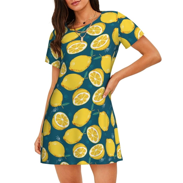 Disketp Lemon para Camisón Corto de Manga Corta para Mujeres, Camisón Cómodo con Escote Redondo, Bonito y Confortable