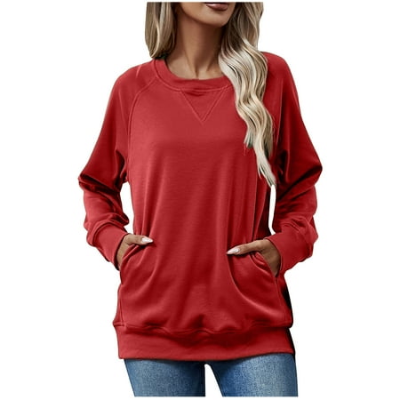 APEXFWDT Women s Crewneck Casual Pullover Top Lightweight Long Sleeve Side Pockets Sweatshirt Solid Color Loose Shirt L Red