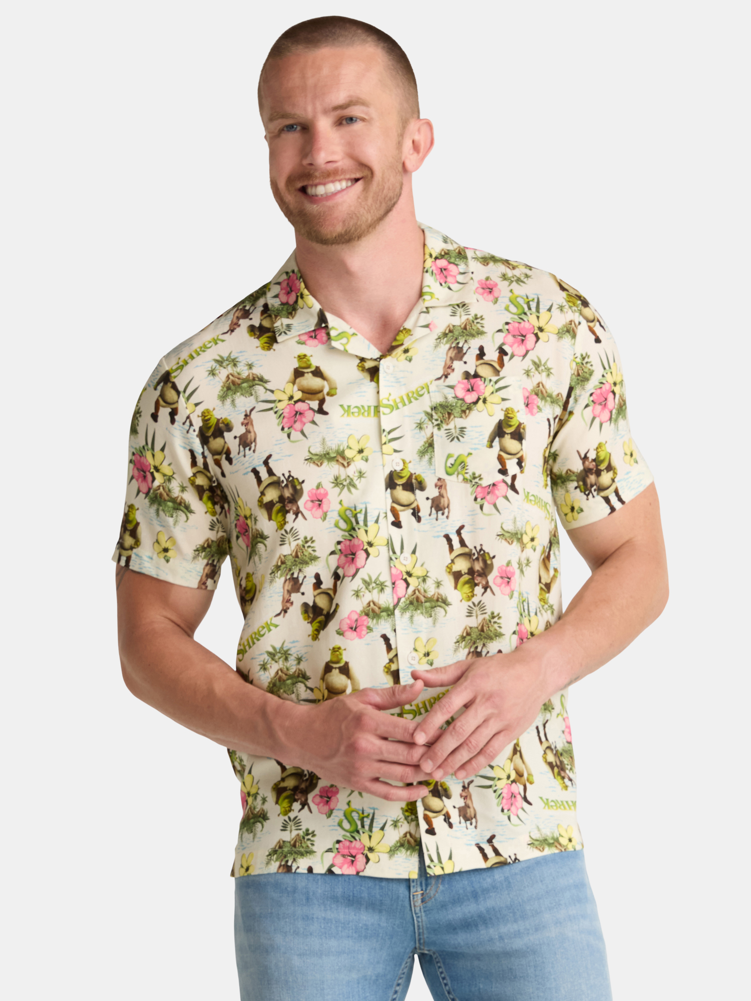 Shrek Men's and Big Men's Swamp Flowers Graphic Button Up Shirt, Sizes S-3XL