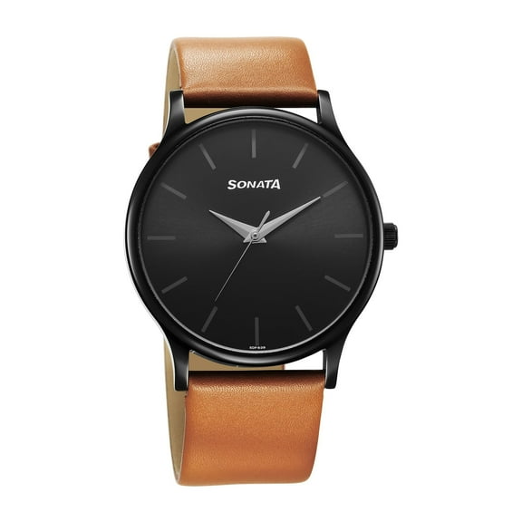 Sonata Aspire Quartz Analog Black Dial Leather Strap Watch for Men-NS77105NL09W