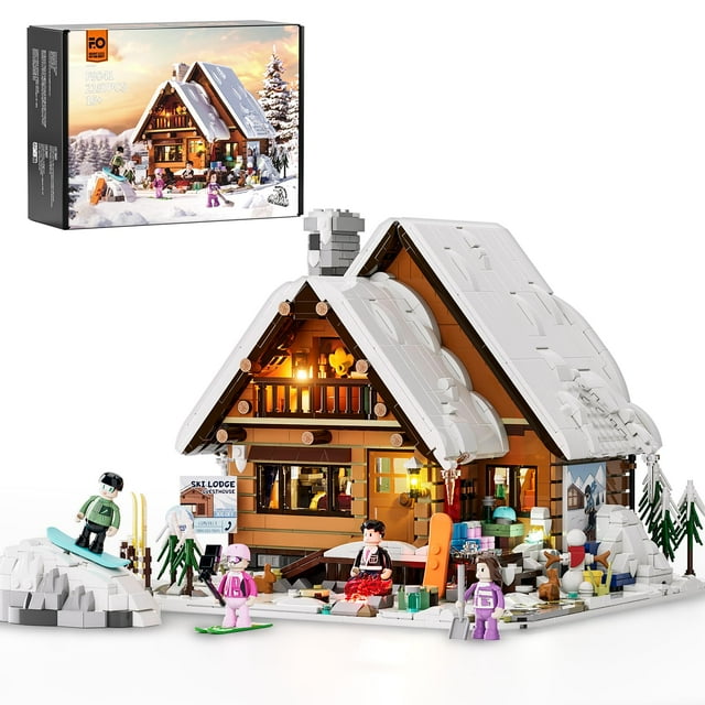FUNWHOLE Christmas Ski-Cabin Lighting Building-Bricks-Set - Retro Christmas Winter Snow House Collection LED Light Building Construction Holiday Mode