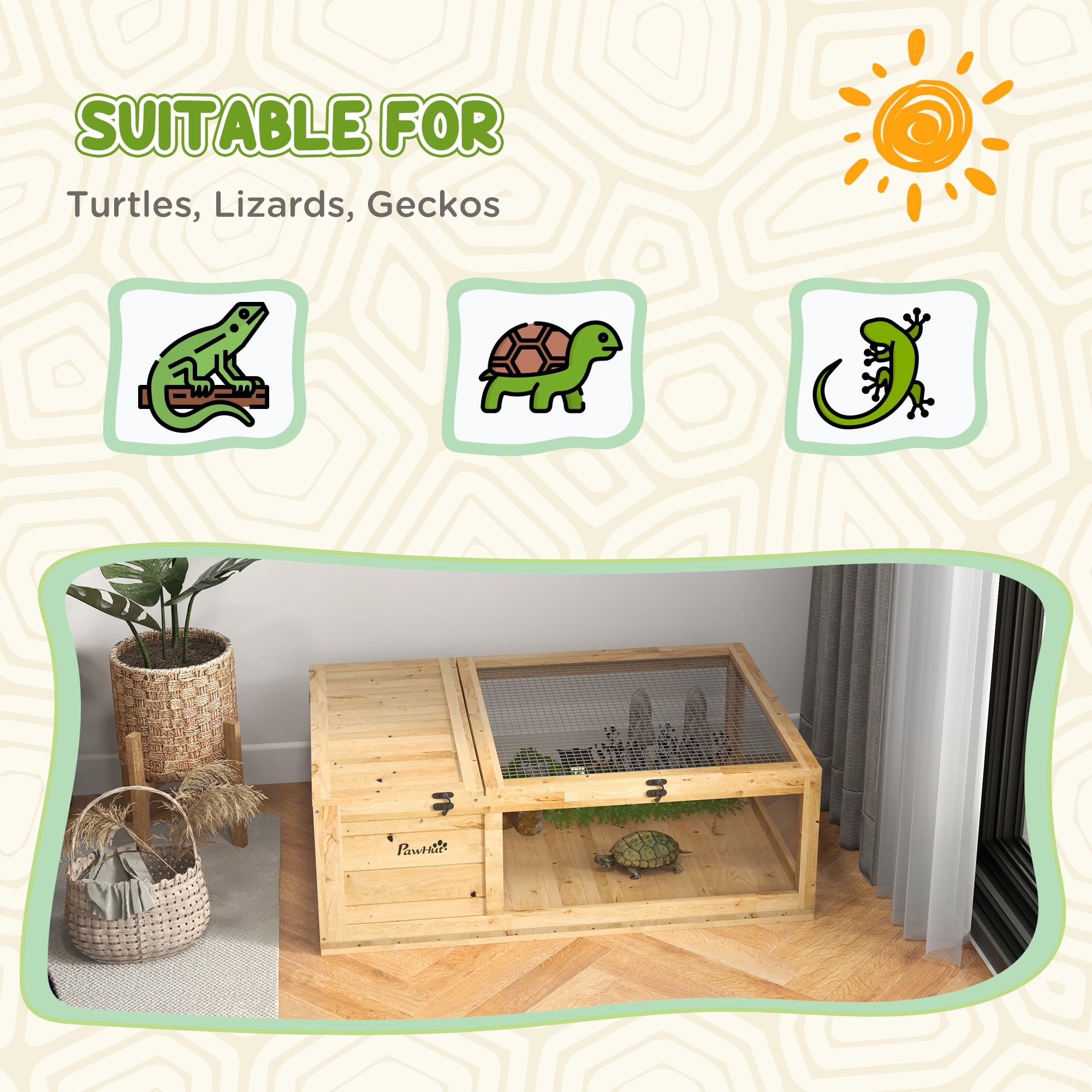 Wooden Tortoise House Indoor Turtle Habitat Enclosure Outdoor Reptile Cage for Lizards, Geckos, Yellow