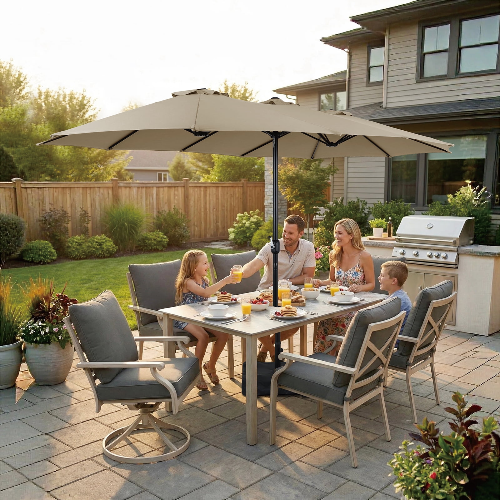 AE Outdoor 15FT Triple-Head Patio Umbrella with Base & Sandbags – Double-Tier Vented Canopy, Smooth Crank Lift, UV & Water Resistant Fabric – Perfect for Outdoor Dining, Poolside