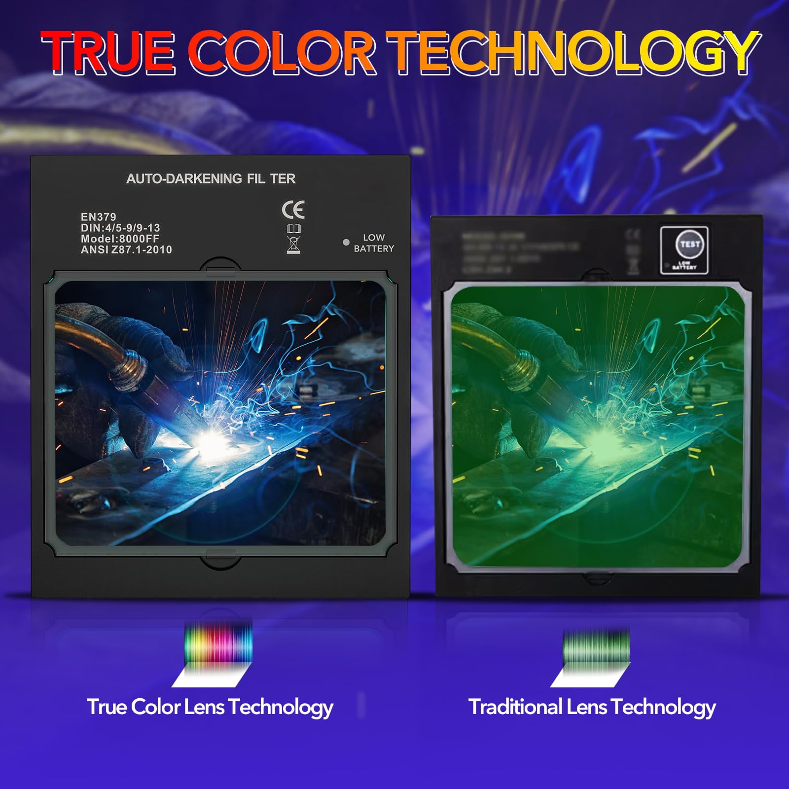 TRQWH Welding Helmet Auto Darkening Large Viewing True Color Solar Powered Welding Mask with 4 Arc Sensor Adjustable Wide Shade Range 4~5-8/9-13 Welder Mask with Grinding