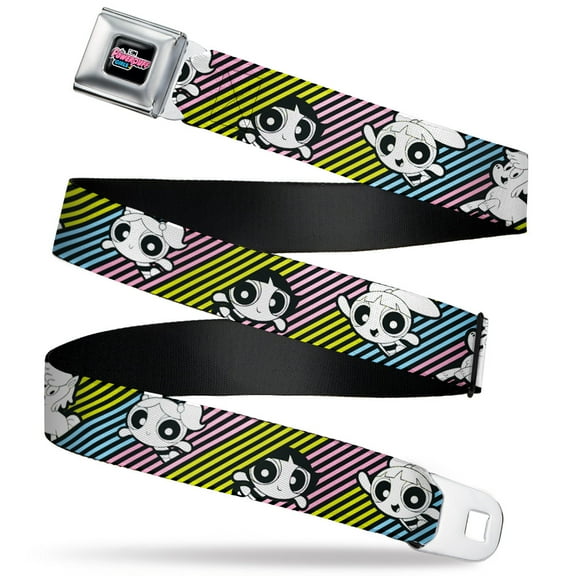 Warner Bros. Animation Belt, Seatbelt Buckle Belt, The Powerpuff Girls and Donny Stripe Black Multi Pastel, 30 to 44 Inches
