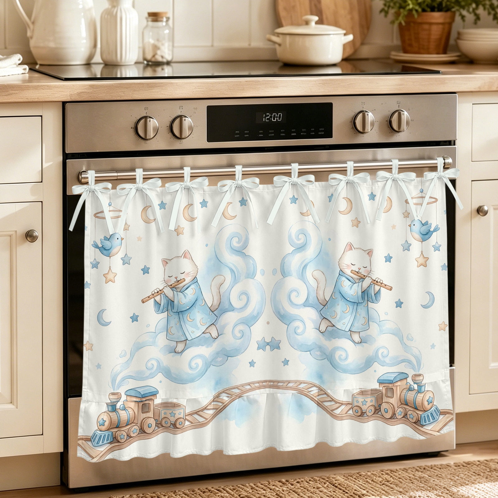 Oven Skirt Curtain for Kitchen 24x32 Inch Blue Cartoon Cat Oven Curtain with 8 Ribbon Ties & Ruffle Trim Stove Skirt Curtain Dishwasher for Cabinets Over Sinks Cute Star Train Cloud Birds