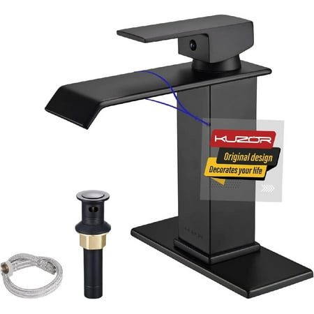 

Waterfall Bathroom Sink Faucet 4 Inch 1 or 3 Hole Single Handle Matte Black Bathroom Faucets with Optional Deck Plate and Pop Up Drain Solid Brass Faucet for Bathroom Sink
