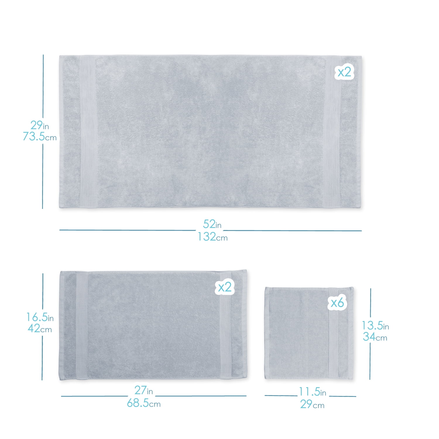 Clara Clark Bath Towels Set, 100% Cotton Luxury Softness 6 Pc Set, Ice Blue