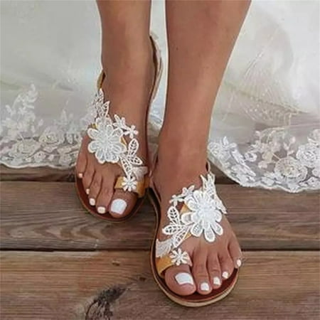 

YOTAMI Womens Lace Flower Summer Sandals Open Toe Flats Comfortable Roman Casual Sandals White 9.5
