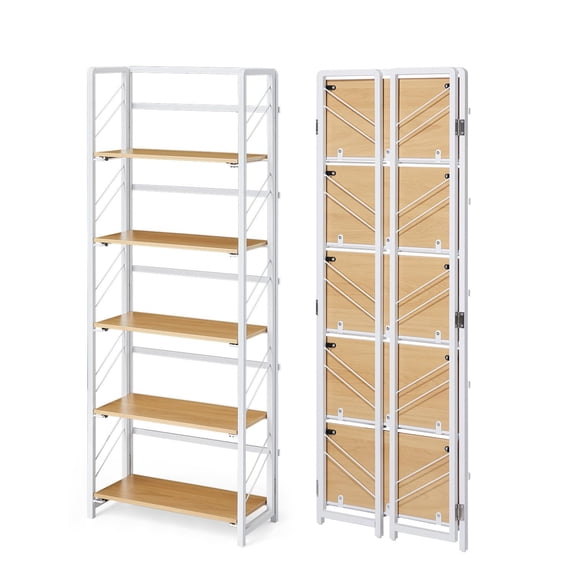 Kicctian No-Assembly 5-Tier Folding Bookshelf,Bookcase with Storage Shelves, Standing Rack Organizer for Home Office or Living Room, Wood Color