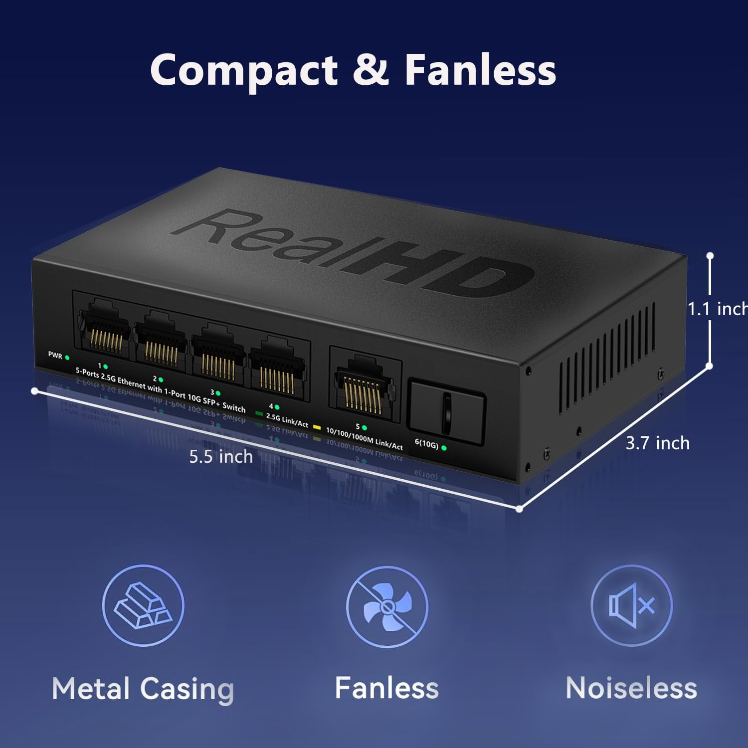 2.5GB 5 Port Network Ethernet Switch Unmanaged with 1 x 10G SFP+ Port | Multigig Switch 10-100-1000Mbps | 45G Bandwidth | Plug & Play | Fanless Quiet Metal Internet Switch
