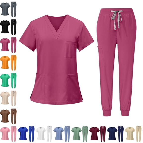 Scrubs for Women Set,Soft Mock Collar Scrub Top & Jogger Scrub Pant,multi Pockets,Relaxed Fit Stretch Nurse Uniform Sets Hot Pink XXL