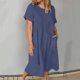 thumbnail image 2 of Vestido de lino de color liso a la moda para mujer, vestido de verano de manga corta de gran tamaño hasta la rodilla, vestido informal para fiesta en la playa, vestido de verano, 2 of 5