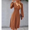 thumbnail image 4 of Vestido de manga larga con cuello en V Vestido casual elástico de cintura alta con botones para uso diario Naranja XL, 4 of 8