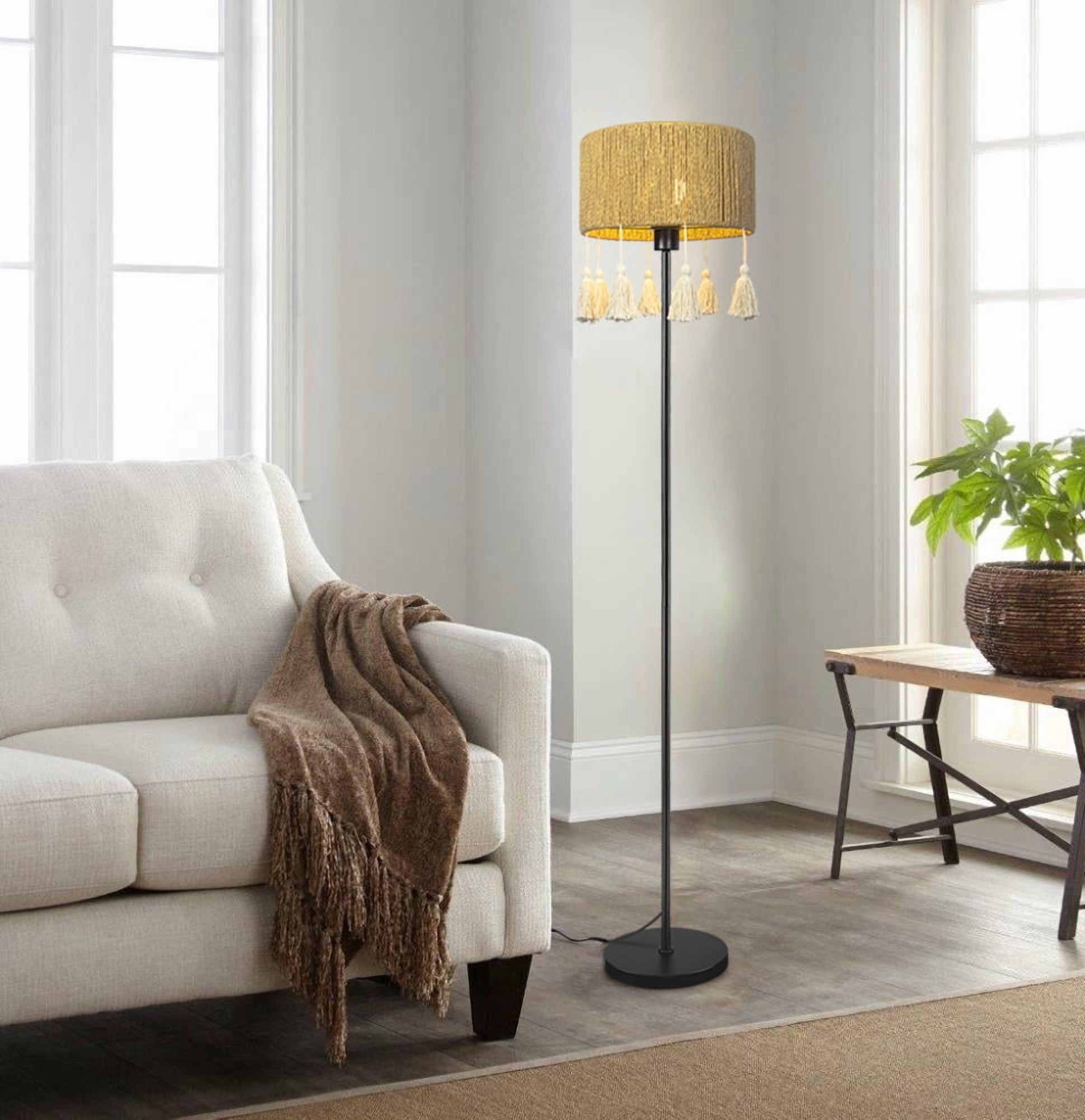Paper Woven Fringe Floor Lamp with Foot Switch, Standing Lamp for Living Room Bedroom Sofa Reading