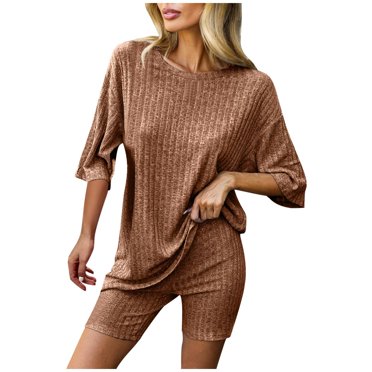 Penkiiy Ribbed Knit 2 Pieces Outfits for Women Pajamas Lounge Sets Oversized V Neck T-shirts Shorts Set with Side Slit S Brown
