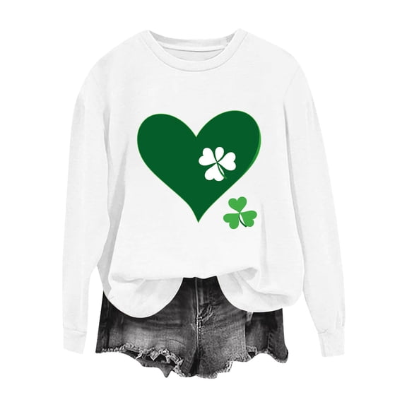 St. Patricks Day Shirts for Women Cute Love Heart Print Tops Long Sleeve Casual Pullover Shirts Shamrock Crewneck Sweatshirt