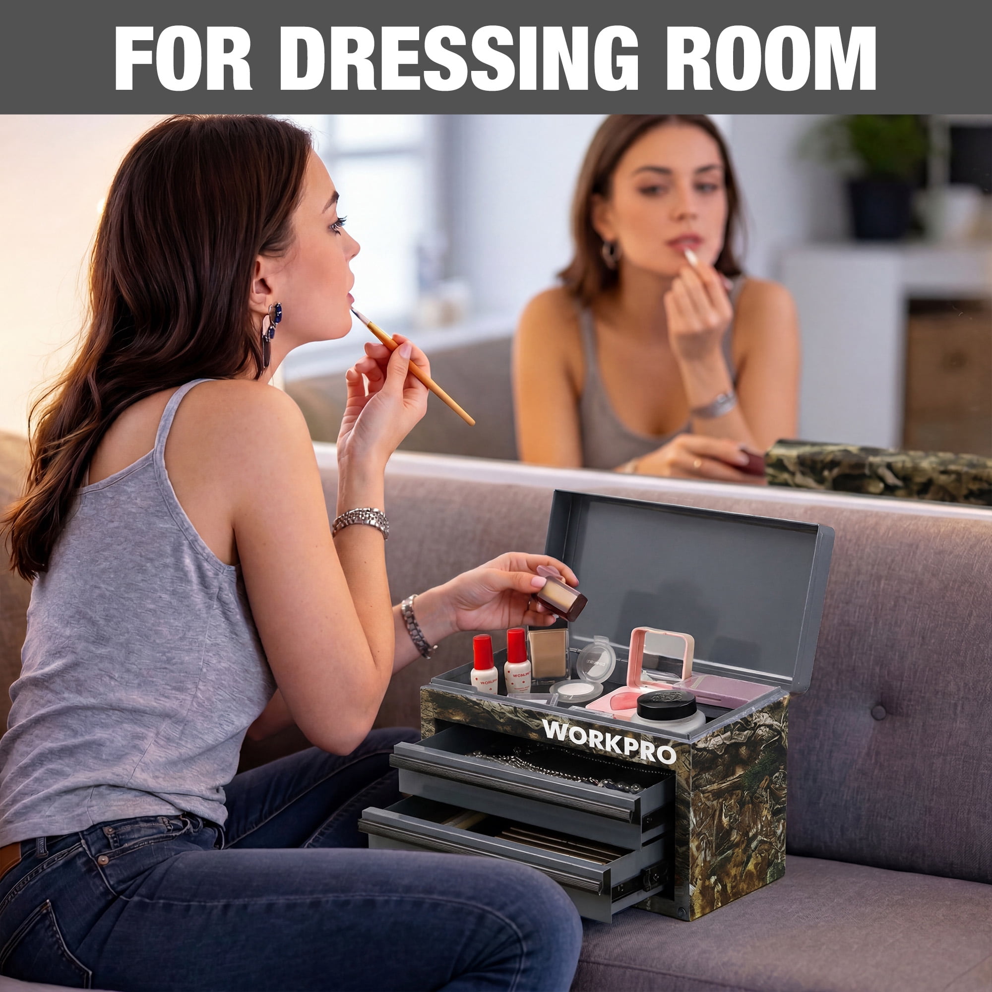 WORKPRO Mini Tool Box with 2 Drawers and Top Storage, Upgraded Version with Ball Bearing Slides, Small Metal Tool Chest with PVC Liners and PP Feet Pads, Camouflage.