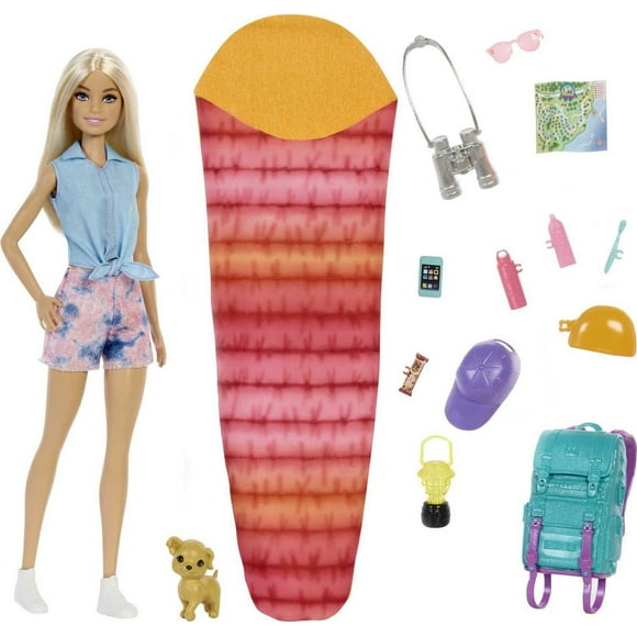 ​Barbie It Takes Two “Malibu” Camping Doll (11.5 in Blonde) with Pet Puppy, Backpack, Sleeping Bag & 10 Camping Accessories, Gift for 3 to 7 Year Olds