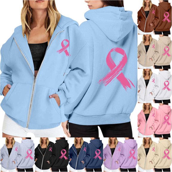 NinXxx Women's Cancer Awareness Zip Up Hoodie Pocket Drawstring Casual Sweatshirt Light Blue XXL