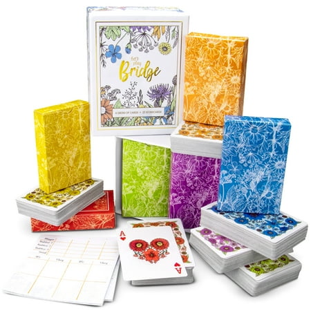 Let s Play Bridge | 6 Decks of Colorful  Watercolor Inspired Floral Playing Cards | Special Low-Vision 4-Color Index! | Classic Family Game Includes 25 Scorecards