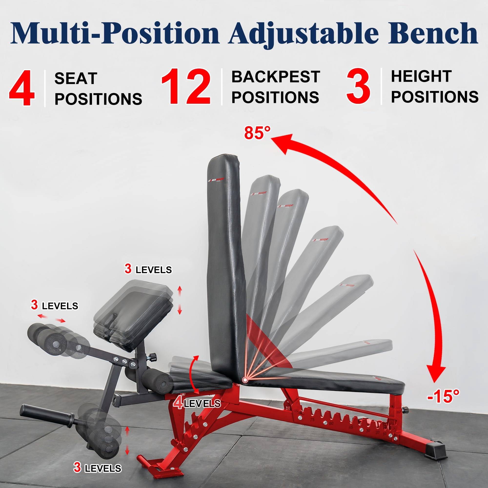 Adjustable Weight Bench, Adjustable Flat Incline Decline Home Gym Bench, Heavy-Duty 12-Gauge Steel Frame with Leg Extension and Preacher Pad for Small Space Apartment Room