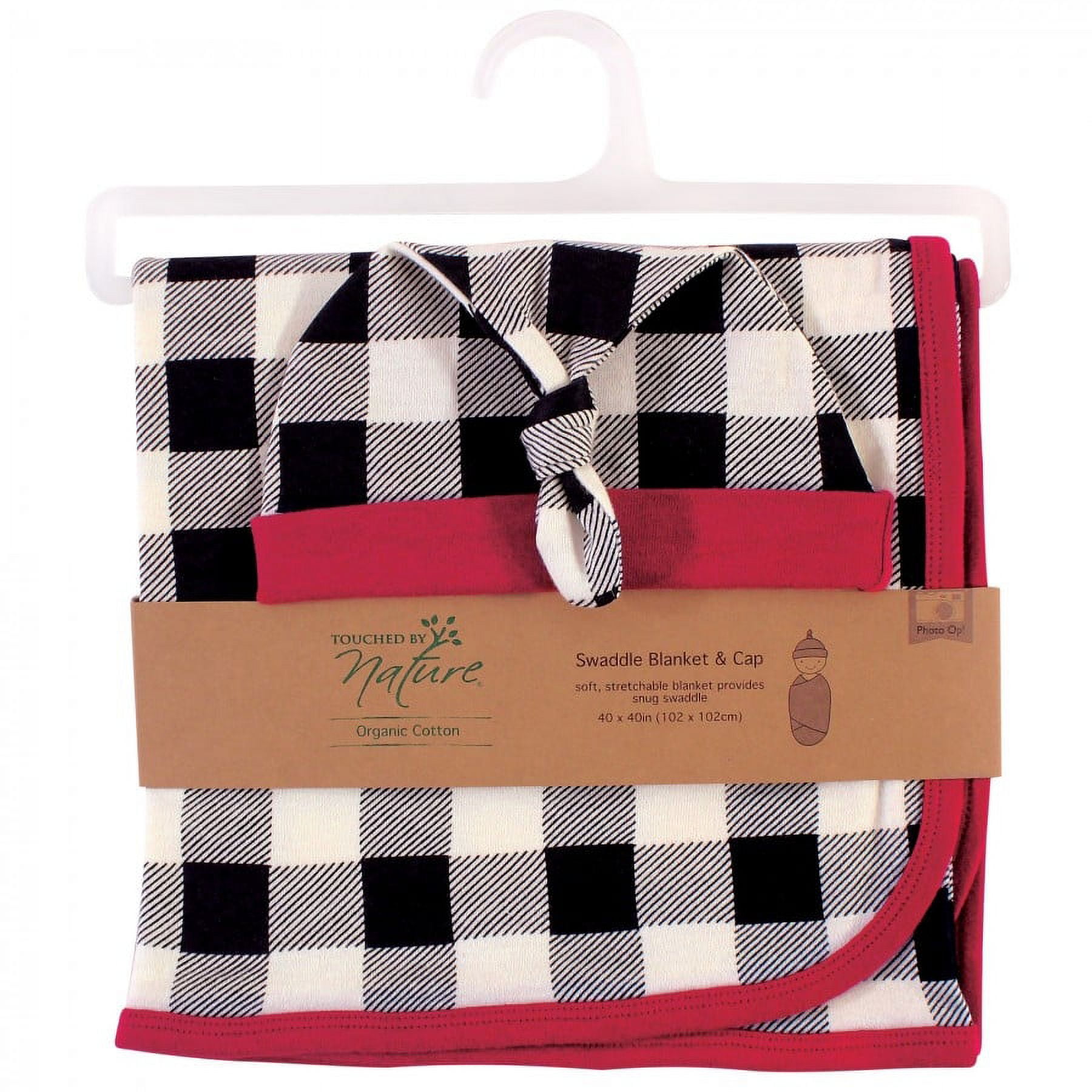 Touched by Nature Baby Boy Organic Cotton Swaddle Blanket and Headband or Cap, Black Plaid, One Size