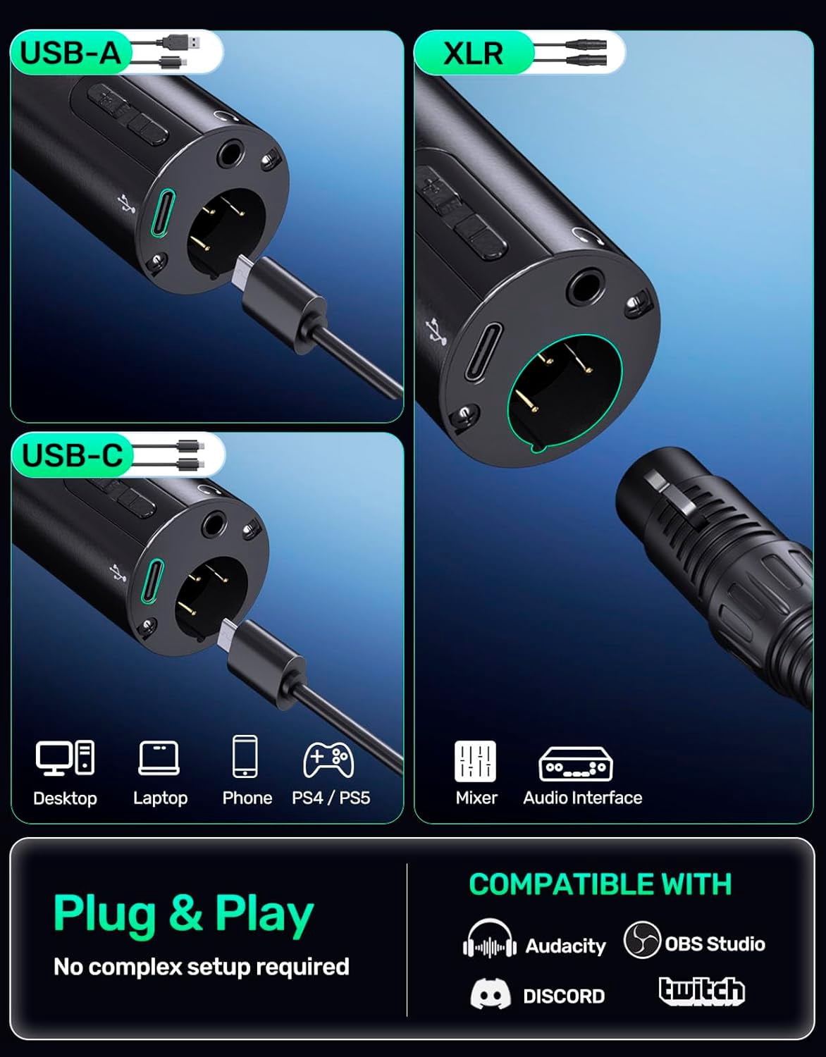 Dynamic Microphone for Audiobook Recording USB XLR Noise Canceling Handheld Mic Kit with Volume Control