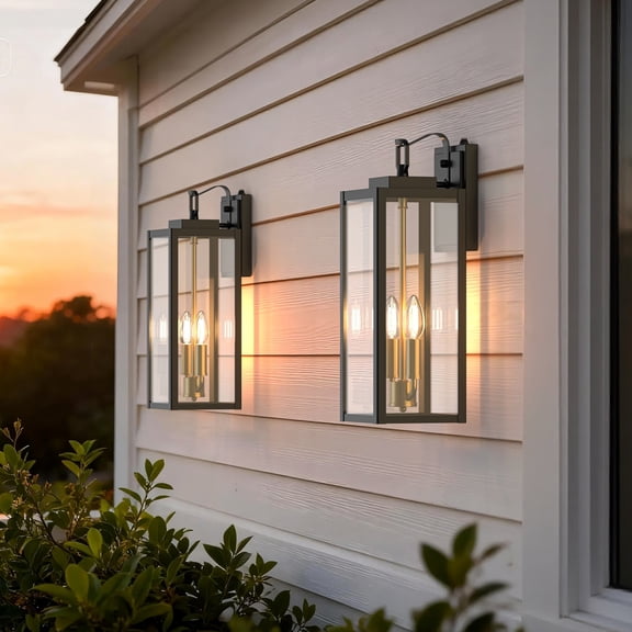 YANSUN Outdoor Lantern with 2 Lights, 18 in Black & Gold Modern  Wall Light for Porch, Patio, Garden
