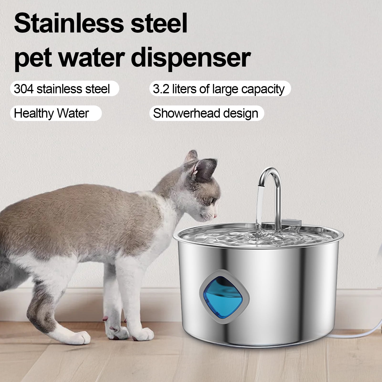 YIFAEUX Cat Water Fountain 3.2L/108oz Purify Water Fountain Stainless Steel Drinking Fountain with Silent Water Pump Healthy Living Water for Home Indoor Cats